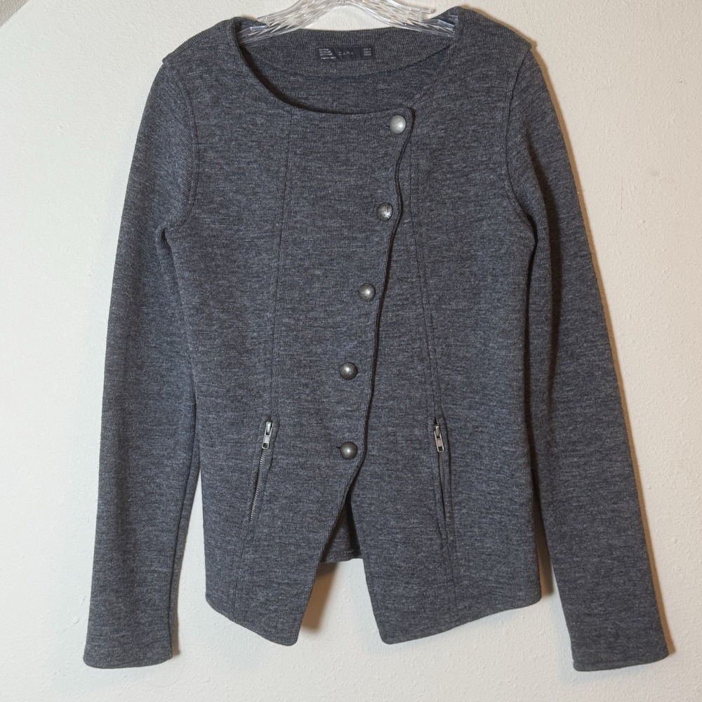 ZARA Grayβ Asymmetrical Button Knit Jacket Cardigan Womens Medium